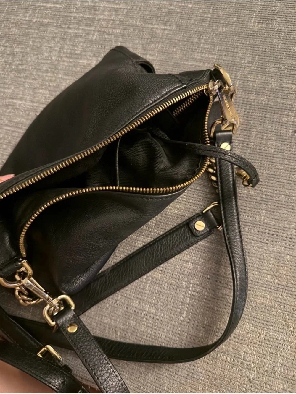 Michael Kors Black Leather Hobo Shoulder Bag with Gold Hardware